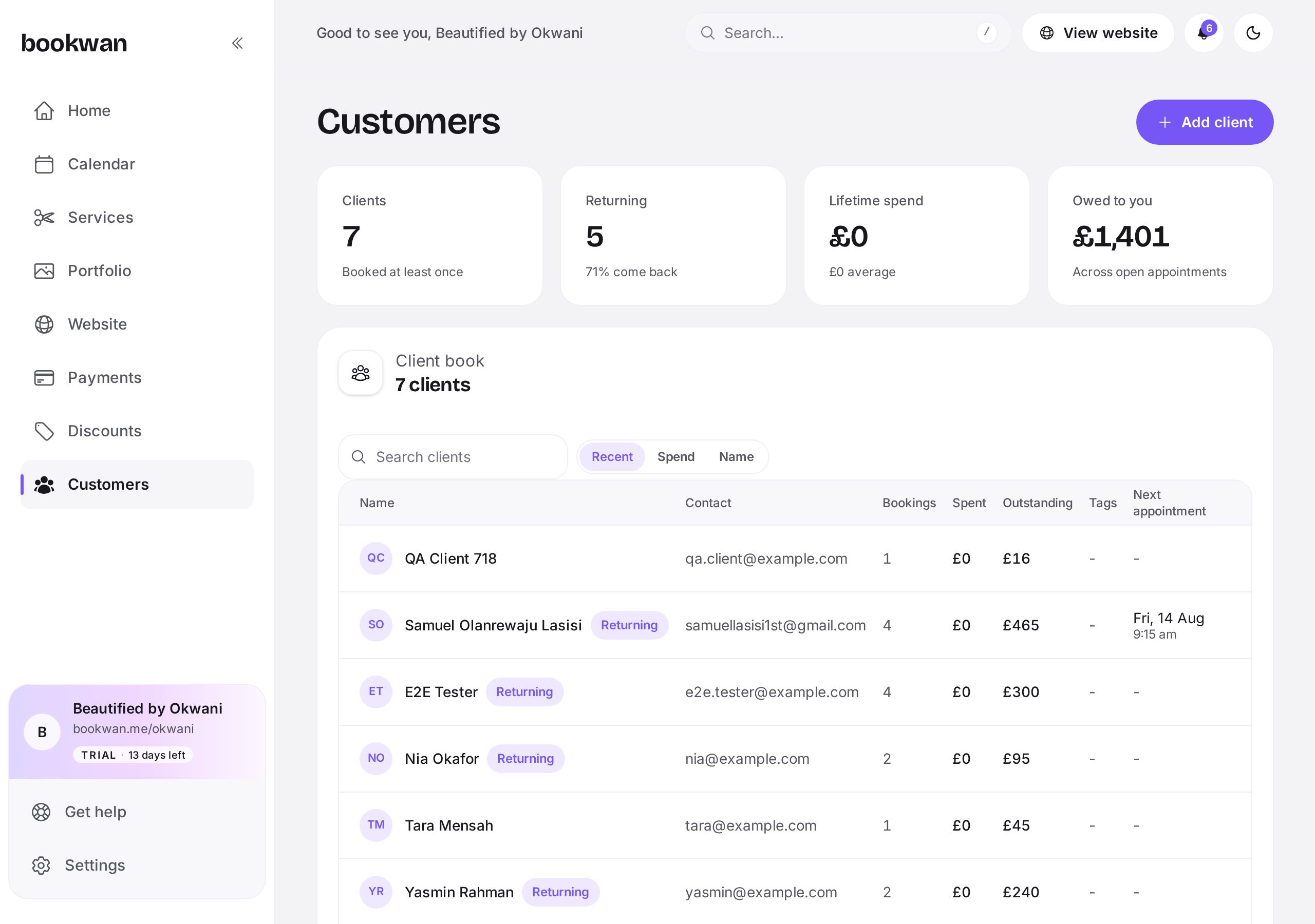 The customers screen listing clients and their spend