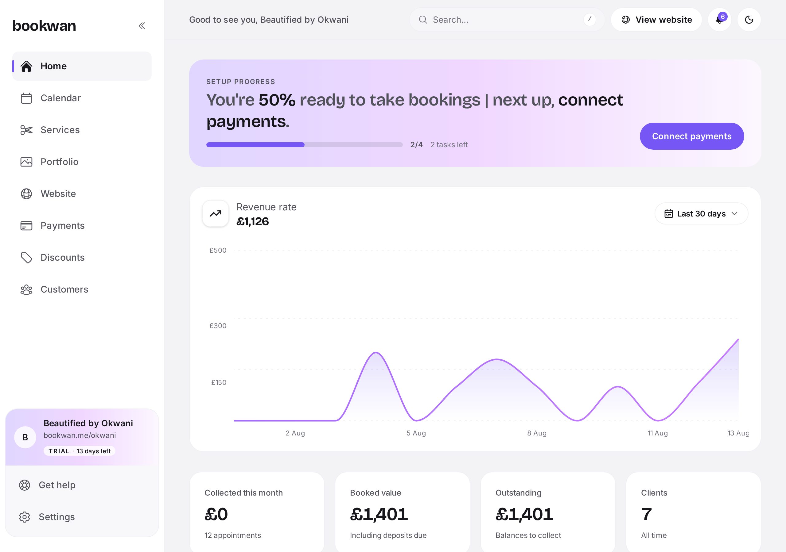 The Bookwan dashboard home screen