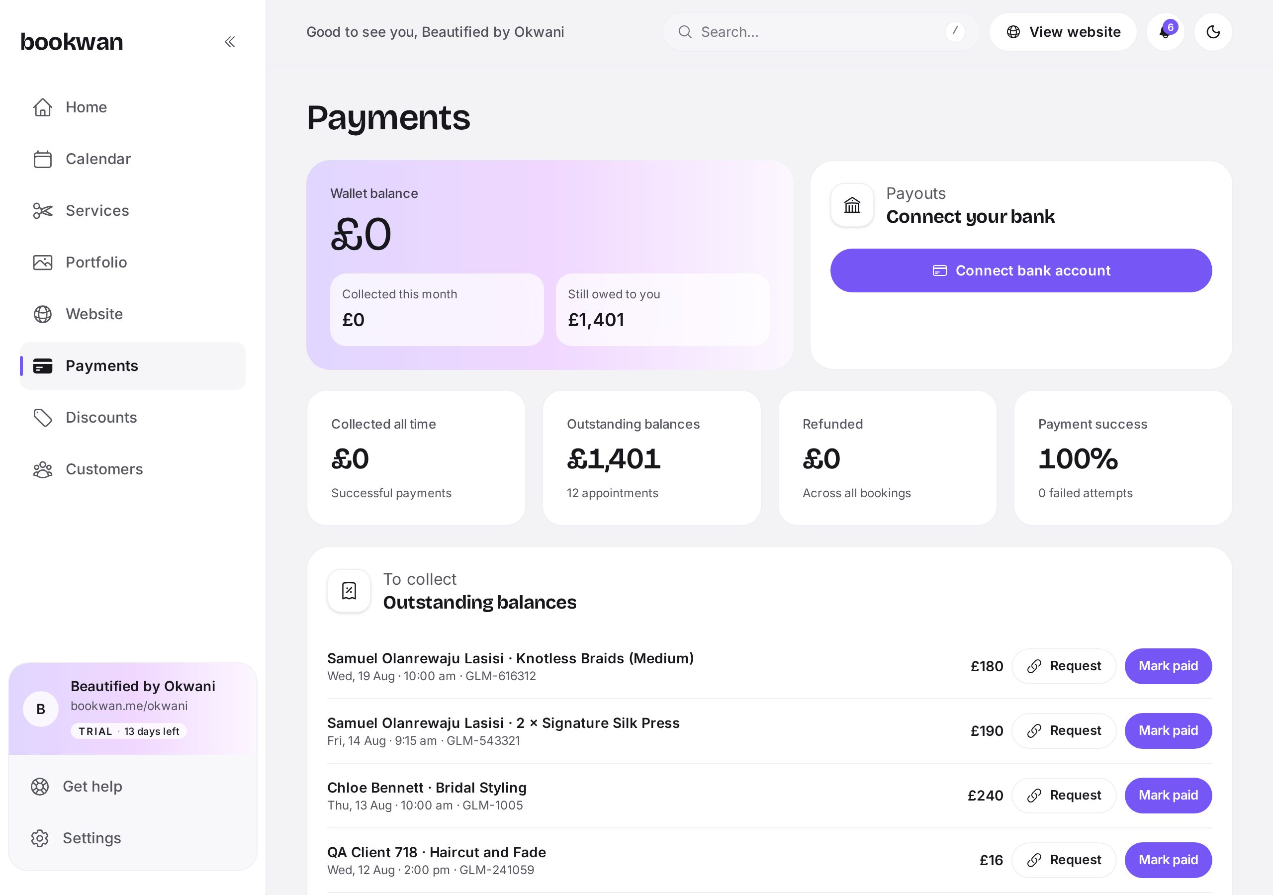 The payments screen showing transactions and payouts