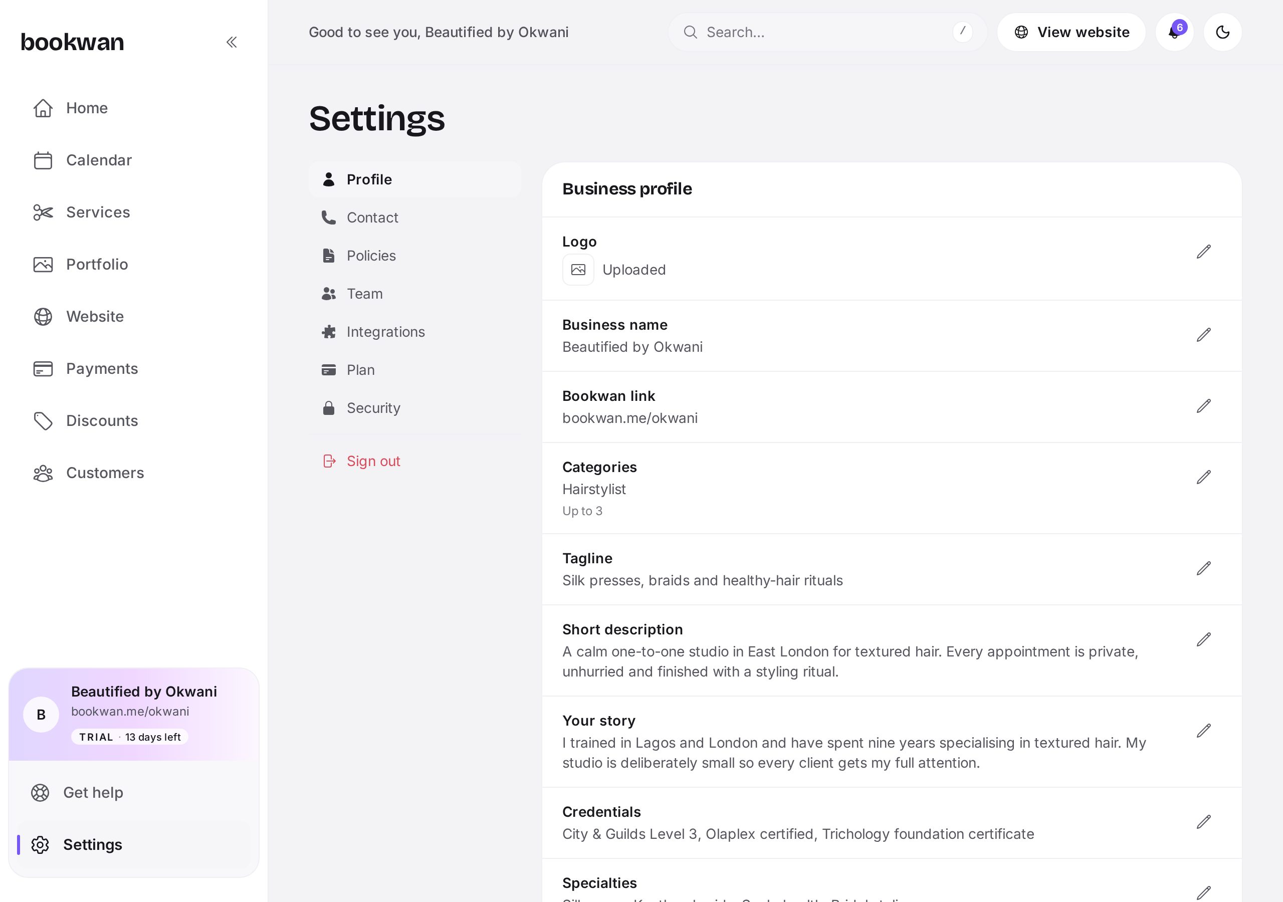 The settings screen with grouped rows