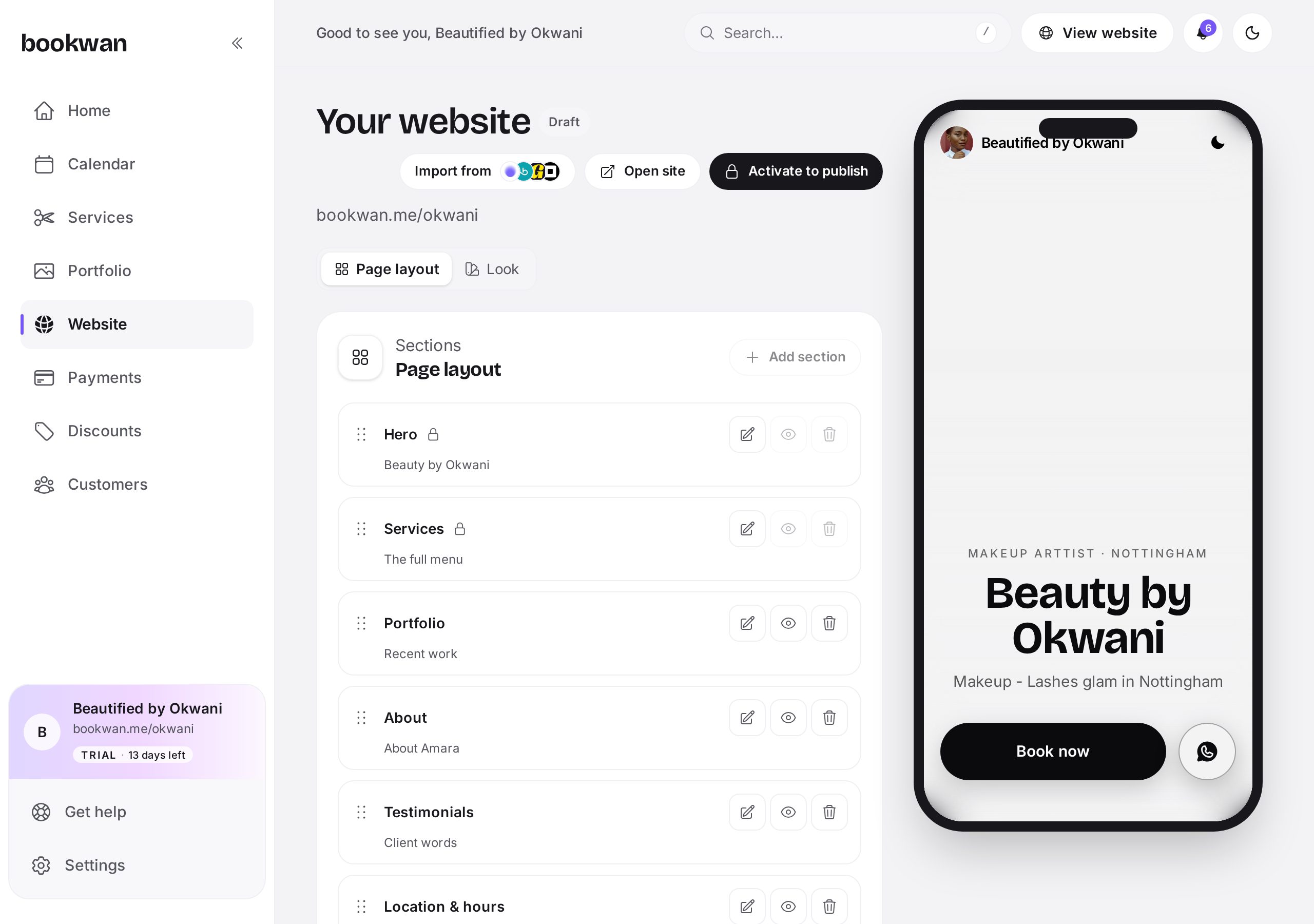 The website builder with blocks and a live preview